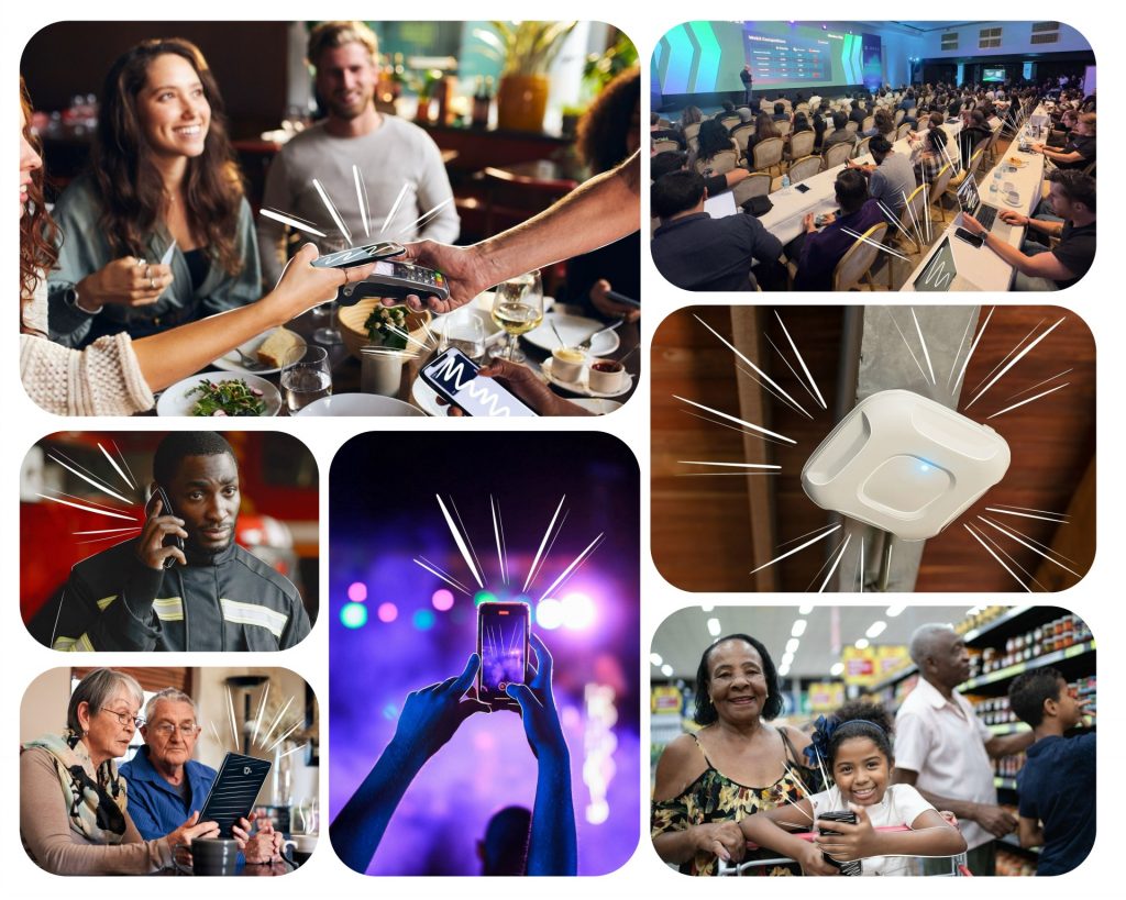 A collage showcasing seamless connectivity: mobile payments, live event sharing, emergency calls, and Wi-Fi hotspots.