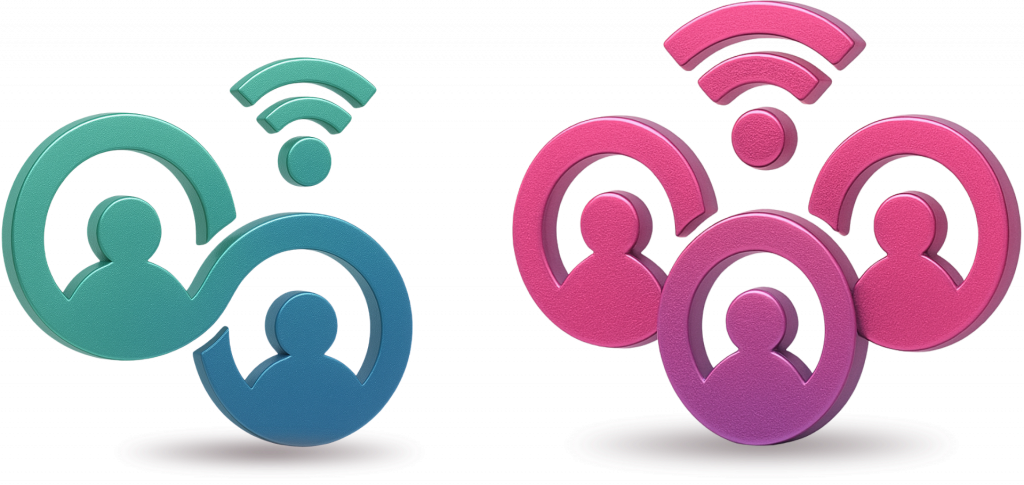 Two colorful icons representing the LongFi Partners referral network: one showing multiple referrers, the other showing a successful venue connection via Wi-Fi.