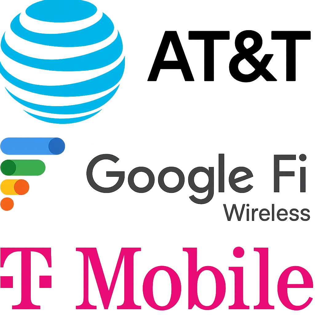 Logos of AT&T, Google Fi Wireless, and T-Mobile representing major U.S. mobile carriers supported by LongFi