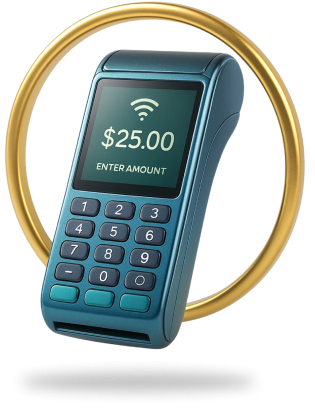 Modern teal and gold POS terminal with a $25.00 display, representing uninterrupted restaurant operations with LongFi’s separate Wi-Fi monetization system.