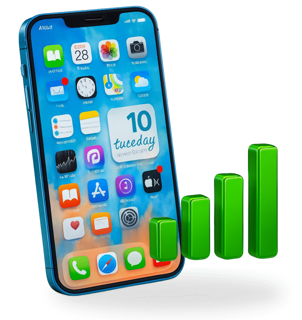 Blue smartphone with full green signal bars showing LongFi Connect site activation