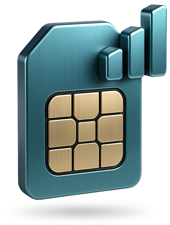 3D teal SIM card with signal bars representing carrier approval for LongFi Connect