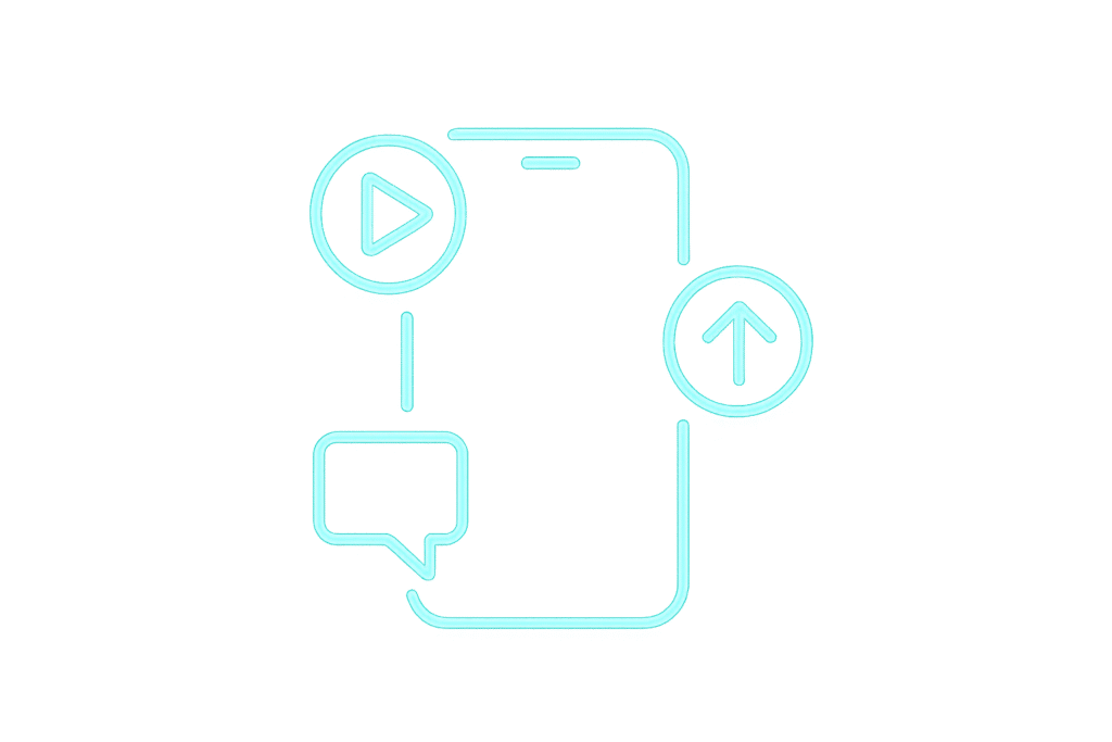 Teal line-art smartphone icon with play, chat, and upload activity symbols