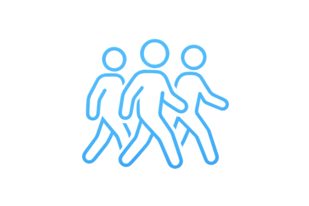 Blue line-art icon of three walking figures representing venue foot traffic