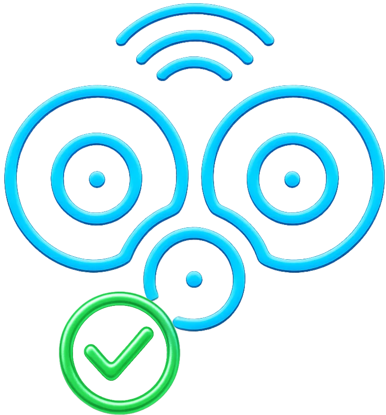 Blue line-art Wi-Fi symbol with three access point circles and green checkmark