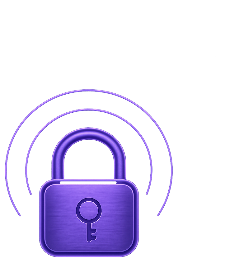 Purple 3D padlock with Wi-Fi signal arcs representing encrypted LongFi network connections