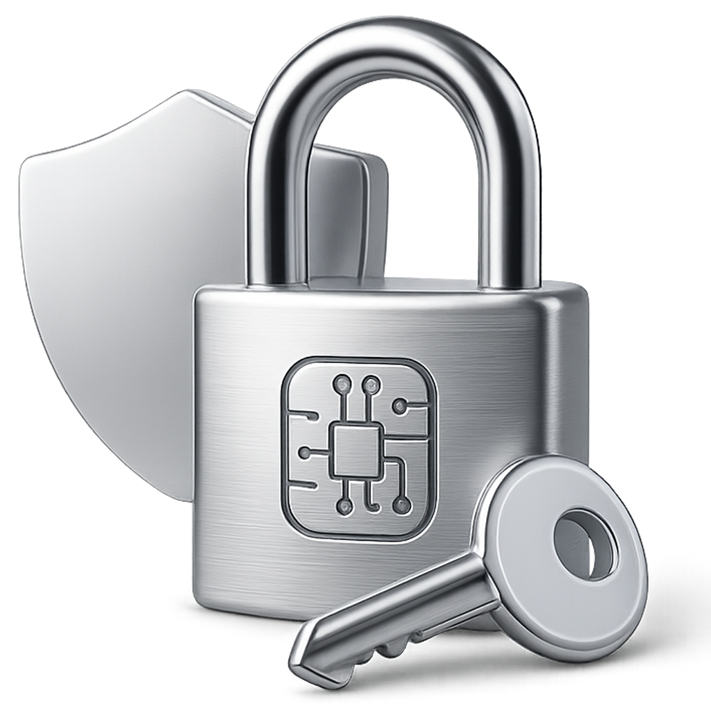 Metallic padlock with embedded circuit chip key and security shield representing network protection