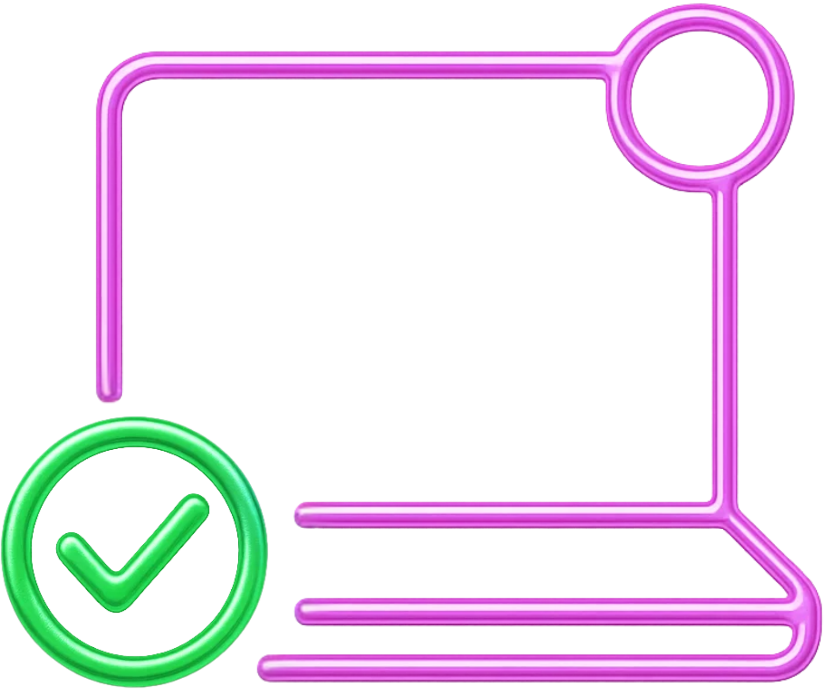 Pink line-art clipboard with document lines and green checkmark badge