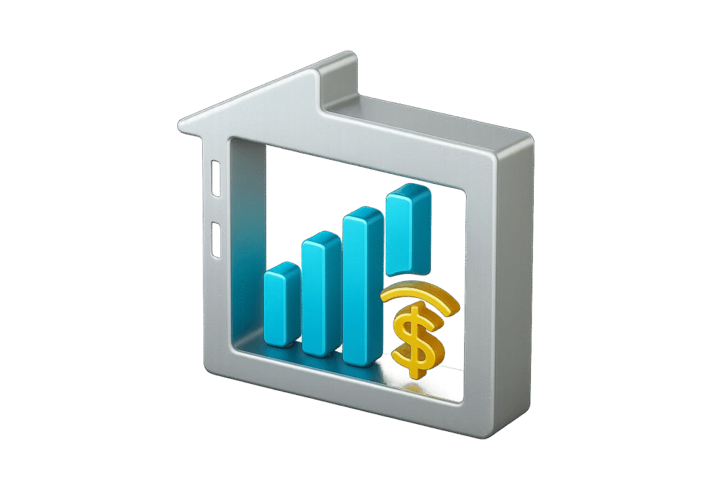 3D venue building frame with rising blue signal bars and gold Wi-Fi dollar symbol