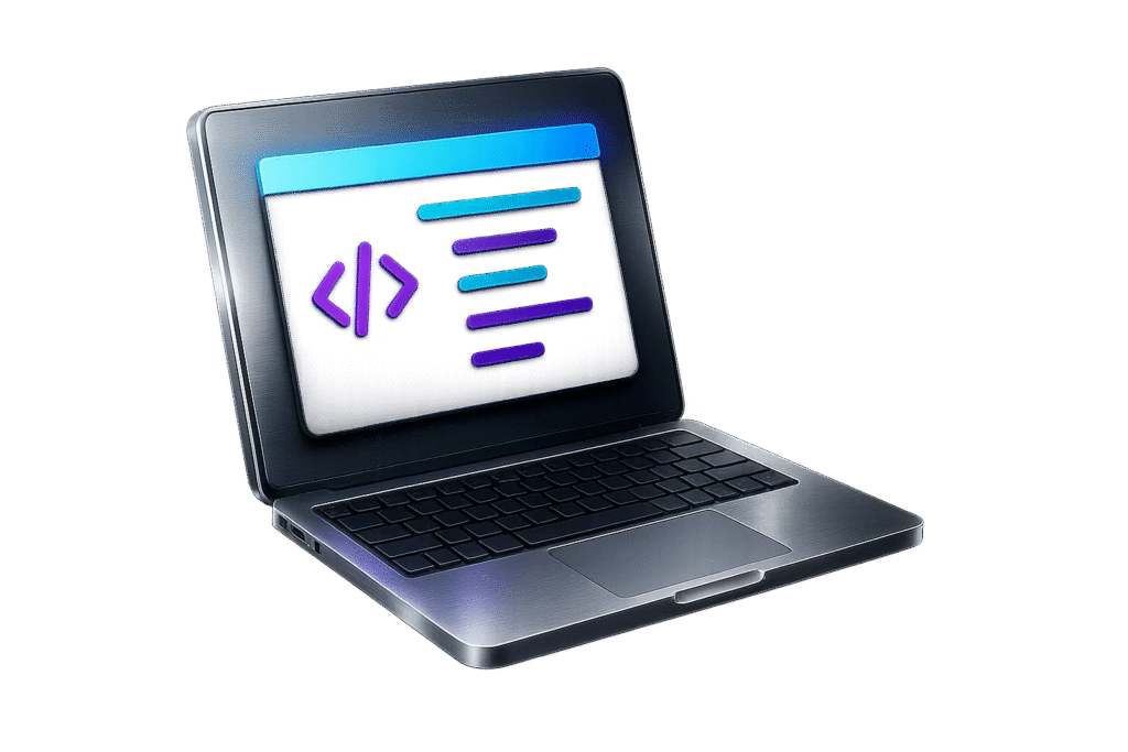 3D metallic laptop showing code and configuration interface on screen
