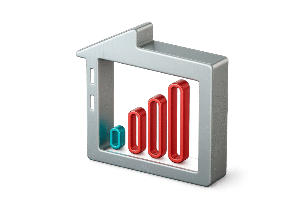 3D building frame with one weak signal bar and multiple strong red bars inside